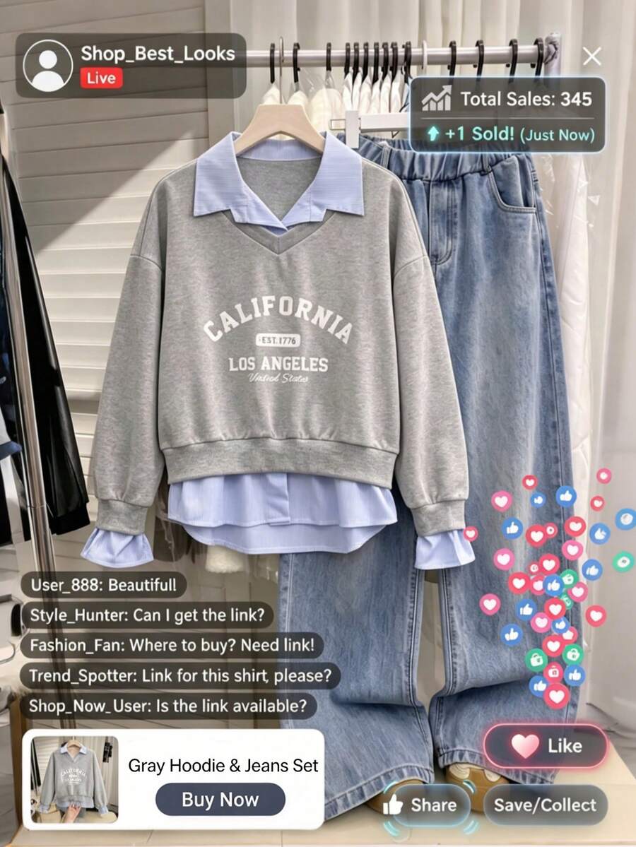 SHEIN 2pcs/Set Girls' Casual Striped Patchwork Lapel Fresh Commuting Style Denim Pants Outfit, Suitable For Outdoor And Daily Wear - Grey - View 1
