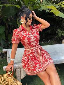 SHEIN SXY 大码印花纽扣连衣裙 - 紅色 - 查看 3