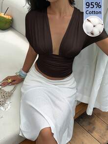 Aloruh Women's Elegant Sexy 95% Cotton Cute Pure Casual Romantic Vacation Mint Blue Deep V-Neck Backless Tie Waist Short Sleeve T-Shirt ,Summer Top - Brown - View 5