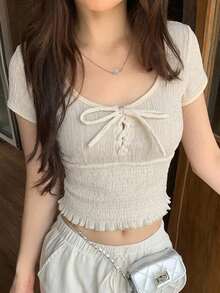 DAZY 女款純色前綁帶短袖抓皺休閒T恤 - 杏色 - 查看 6