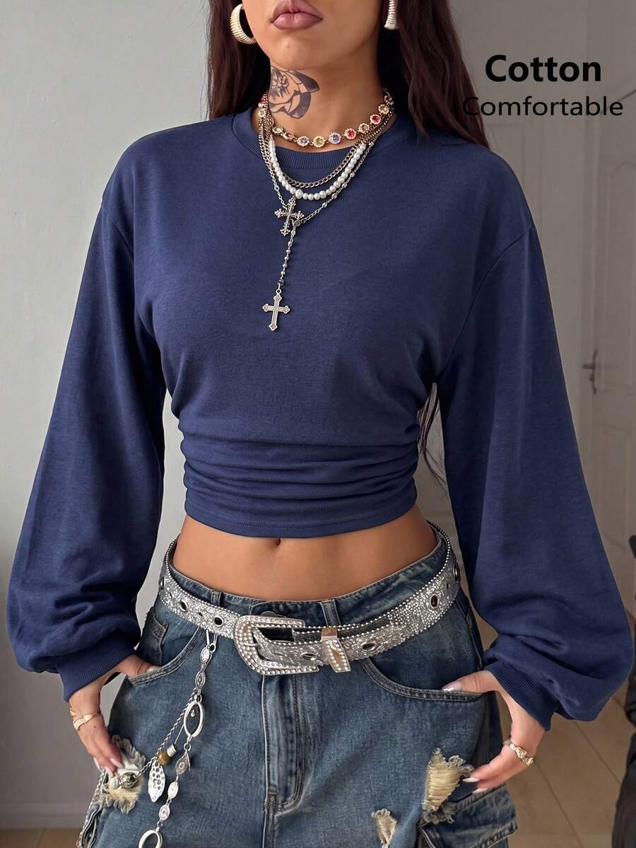 Coolane Women's Fall Basic Going Out Solid Color Pleated Cropped Long Sleeve Crew Neck Blue Sweatshirt - Navy Blue - View 1