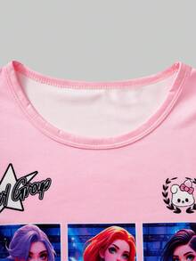 Genkimix Kids 两件套少女套装，采用数码印花技术，粉色上衣印有“NOVA BEAT”字样和卡通女孩星形图案，圆领短袖T恤搭配宽松休闲阔腿裤，整体运动休闲风格，适合日常穿着、学校活动以及春夏季节。 - 彩色 - 查看 5