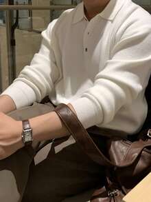DAZY Men's Long Sleeve Solid Color Polo Collar Ribbed Hem Commuter Sweater Fall - White - View 2
