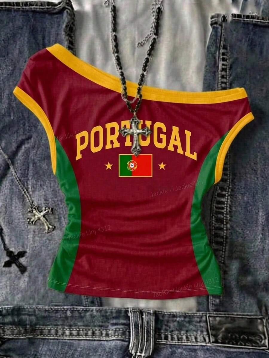 Teen Girls Casual Portugal-Flag One Tight Asymmetric Ruched Cropped Top, Suitable For Spring/Summer, Personalized Outfit, Daily Wear, World Cup, Jersey-Style, Streetwear, Game Day - Multicolor - View 1