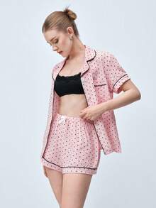 Softvol 2pcs Comfortable Mini Dot Print Pajama Set, Short Sleeve Collared Top With Pocket And Bow Shorts, Women Sleepwear Homewear For All Seasons - Pink - View 8