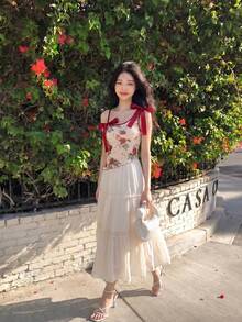 SHEIN MOD Retro Floral Print Women's Asymmetric Strap Bow Decor Cami Camisole Top - Burgundy - View 3