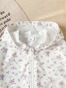 SHEIN Vintaside Kids 2件組少女連帽夾克運動長褲套裝，甜美可愛白色粉色碎花蝴蝶結緞帶條紋長袖，適合學校派對秋季公主風慢跑拉鍊款 - 彩色 - 查看 6