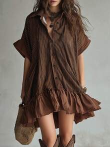 Glimmora Women's Fashion Printed Striped Patchwork Short Sleeve Single-Breasted Loose Fit Dress - Brown - View 1