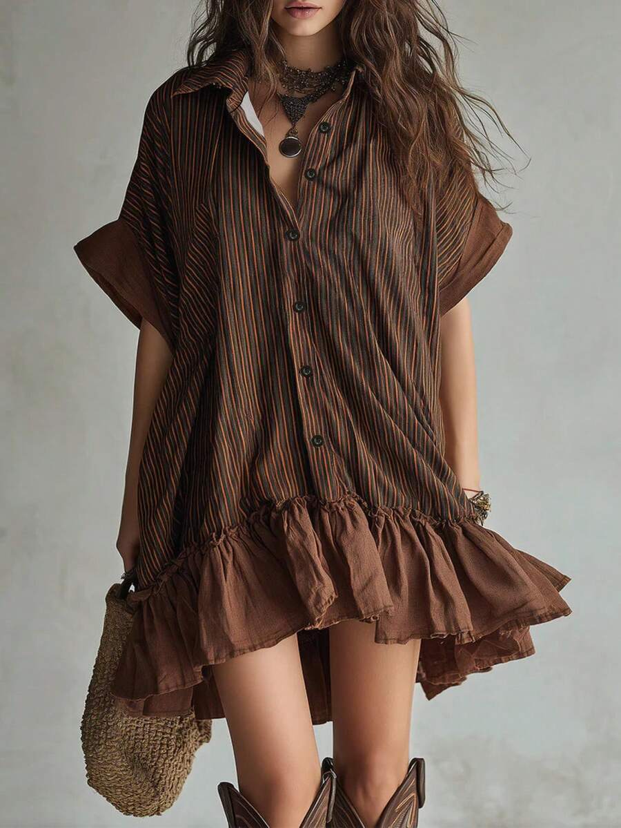 Glimmora Women's Fashion Printed Striped Patchwork Short Sleeve Single-Breasted Loose Fit Dress - Brown - View 1