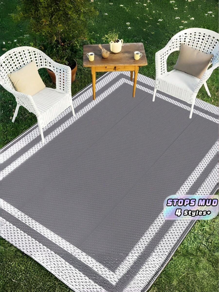 1PC LARGE REVERSIBLE PORTABLE WATERPROOF PLASTIC GRASS WOVEN NON SLIP DURABLE RUG WITH CARRY BAG AND 4 STAKES FOR RV PATIO DECK PORCH BALCONY CAMPING TRAVEL FAMILY PICNIC DECOR - Grey - View 1