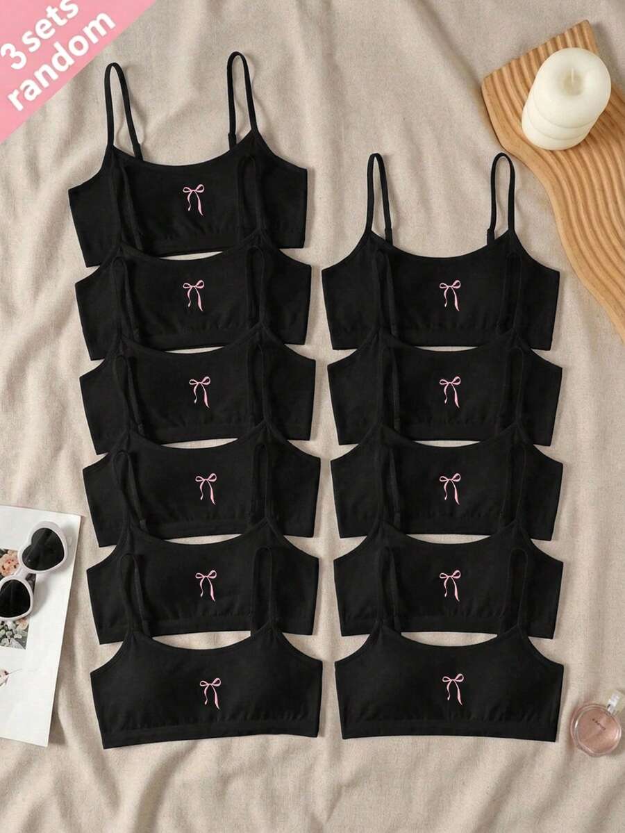 SHEIN 青少年女孩簡約休閒方領背心上衣,附胸墊,親膚舒適蝴蝶結圖案刺繡內衣,學生內衣3件組,白色 - 黑色 - 查看 1