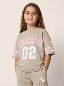 SUMWON Chicago Oversized Tee And Matching Joggers Co-Ord Set With Varsity Stripe Sleeves Number Print - Khaki - View 3