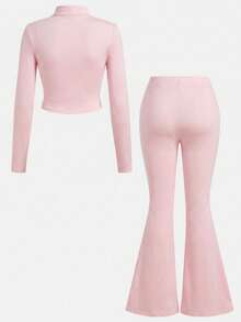 SHEIN Girlism NovaGlow 青少女運動休閒日常針織素色開襟外套與喇叭褲套裝 - 粉色 - 查看 5