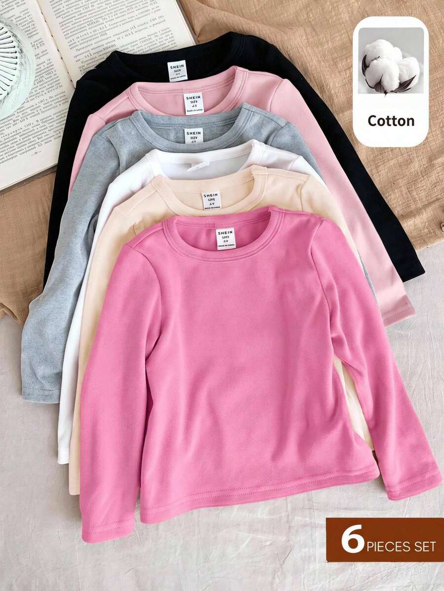SHEIN Young Girl 6pcs Set Solid Color Crew Neck Casual Knitted T-Shirts, Brushed Thick Fabric, Suitable For Autumn/Winter - Multicolor - View 1