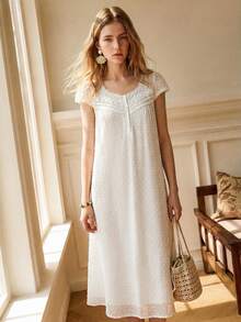 SHEIN French Vintage Elegant White Loose Ruffle Sleeve Half-Button Front Dress, Summer Dress, Sleepwear Dress, Vacation Dress, Beach Dress, Casual Dress, Ruffle Trim Dress, White Dress - White - View 4