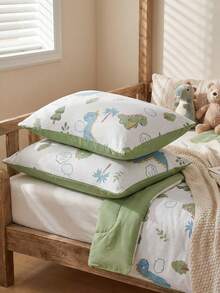 2/3pcs Green Dinosaur Pattern Bedding Set, Cartoon Cute Polyester Duvet Cover Pillowcase Bedding Set, Suitable For All Seasons, Soft & Breathable, Machine Washable, Gift For Boys, Girls, Children (1 Duvet Cover + 1/2 Pillowcase, No Filler) - Green - View 4