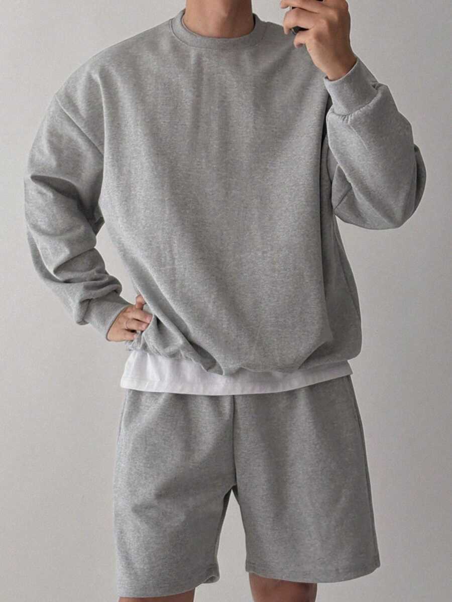 DAZY Sweatshirt Rajut Musim Semi/Gugur Lengan Panjang Kerah Bulat dengan Celana Pendek Pinggang Elastis, Set Sweatshirt Pullover Pria - Grey - View 1