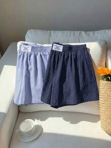 Comfortcana 2件組女款夏季休閒寬鬆短褲，亞麻蝴蝶結條紋短褲與藍色抽繩圍裹短褲套裝，適合海邊度假，超短短褲 - 彩色 - 查看 4