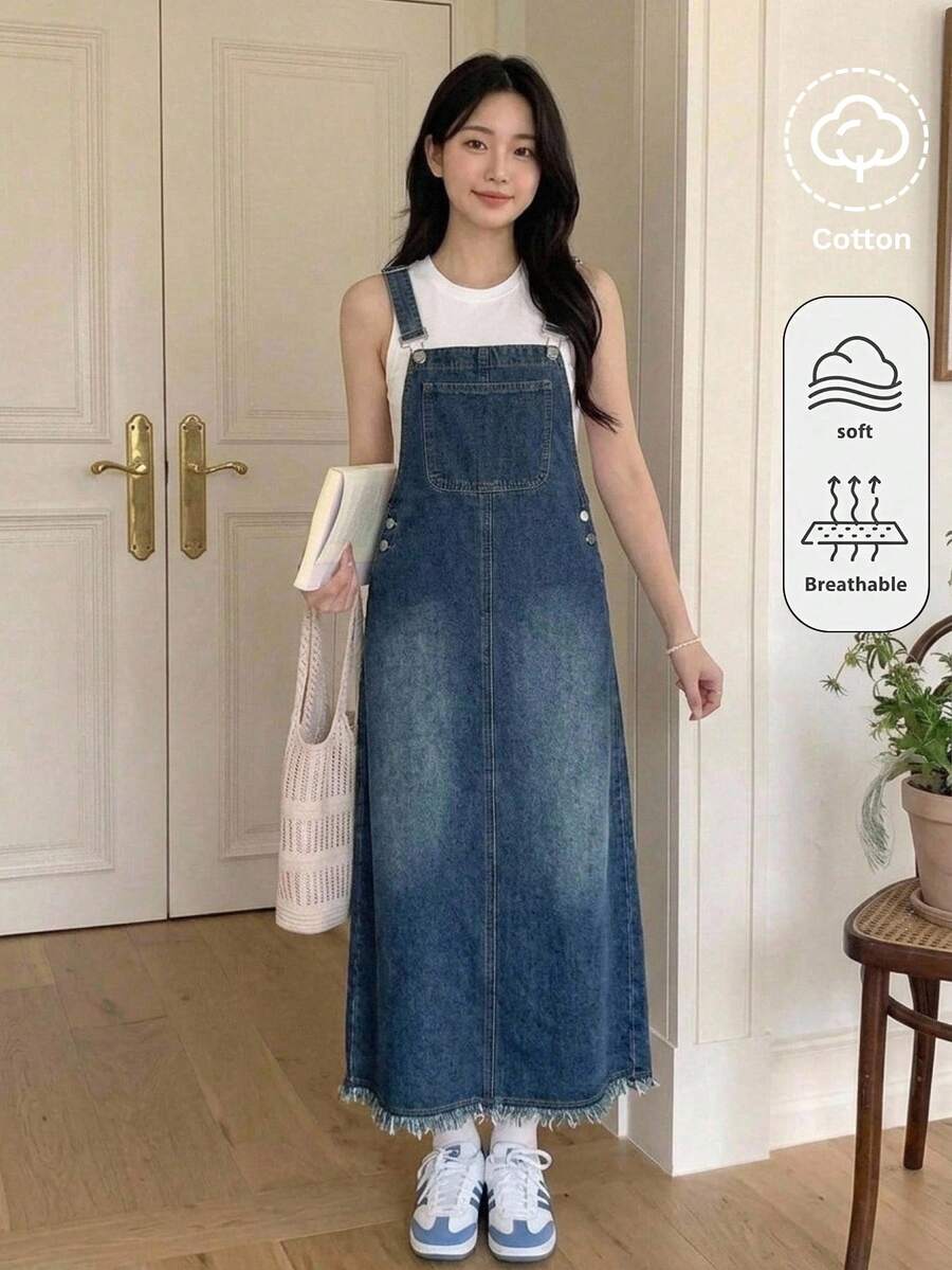 SHEIN Tween Girl Girls' Vintage Blue Denim Loose Fit Pinafore Dress Fall Winter Halloween Y2k Graduation Back To School - Medium Wash - View 1