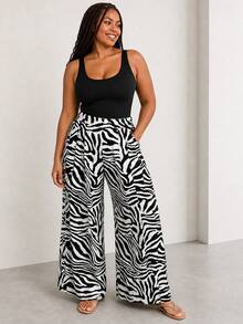 ELLERISSA Curve Elegant Black And White Zebra Print Pleated Wide Leg Trouser For Women,High Waist Palazzo Pants For Autumn Holiday Vacation Holiday - Black and White - View 1
