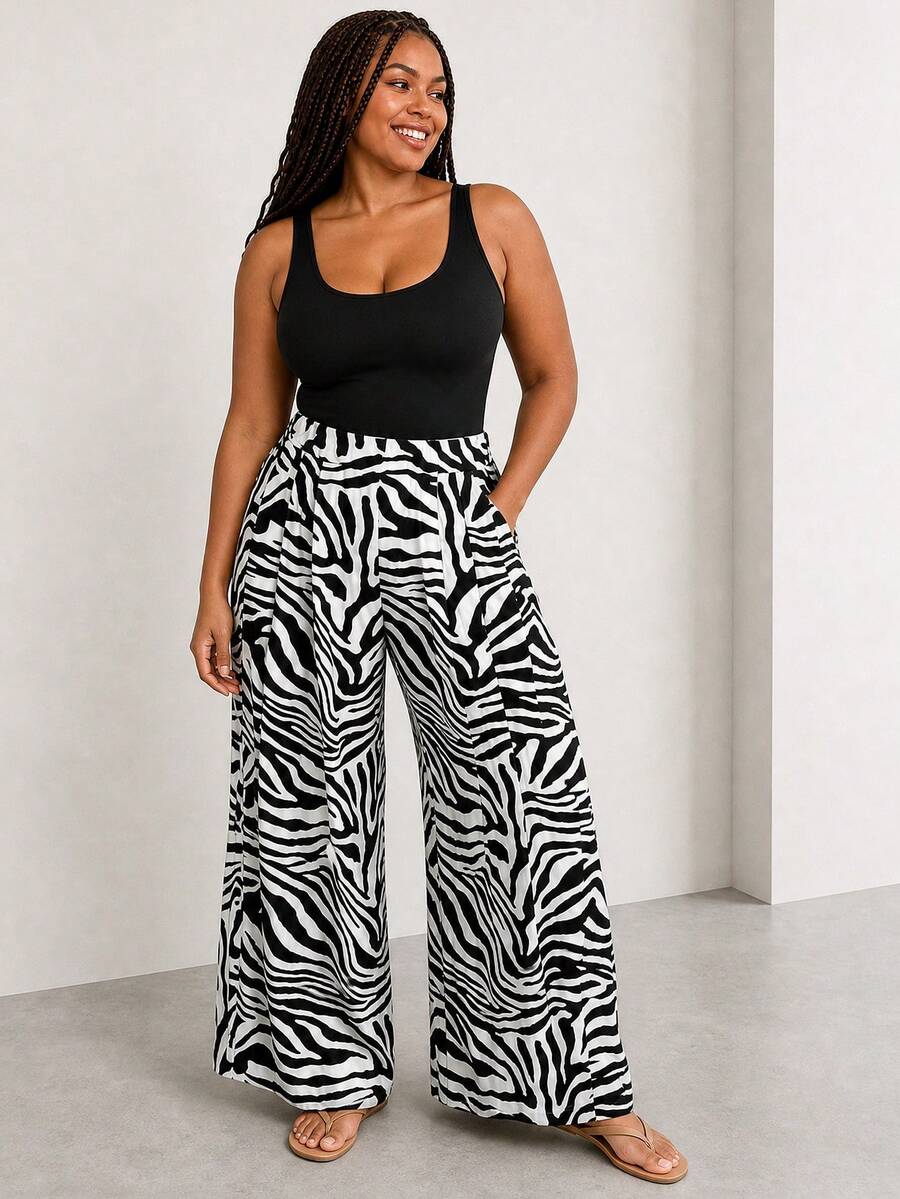 ELLERISSA Curve Elegant Black And White Zebra Print Pleated Wide Leg Trouser For Women,High Waist Palazzo Pants For Autumn Holiday Vacation Holiday - Black and White - View 1