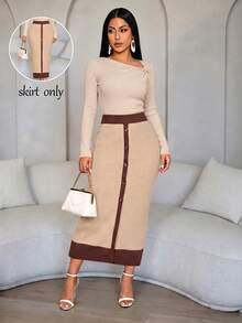 SOLERSUN Women's Elegant Casual Color-Block Trim Skirt With Button Detail - Khaki - View 7