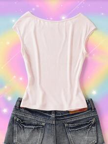 THE POWERPUFF GIRLS X SHEIN Women's Cartoon Pattern Letter Print Contrast Color Fashion Cute Y2k T-Shirt School Teacher White Summer - Pink - View 2