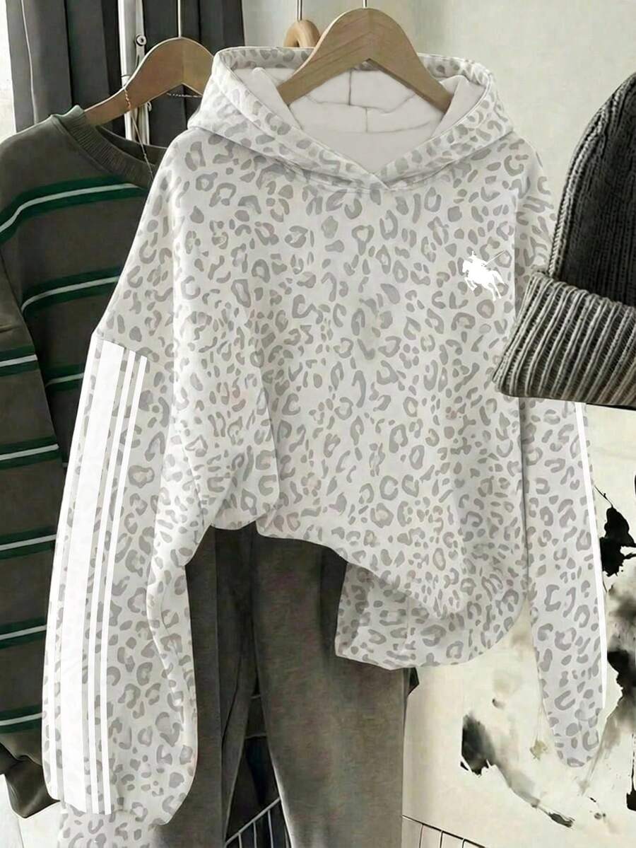 學院風復古白色豹紋,青少年女孩休閒極簡寬鬆圓領舒適長袖衛衣,適合秋冬,適合日常通勤、約會、派對、秋冬夏、聖誕節、新年、感恩節、派對、婚禮、海灘、畢業典禮、時尚、優雅、休閒、外出、約會、前 - 白色 - 查看 1