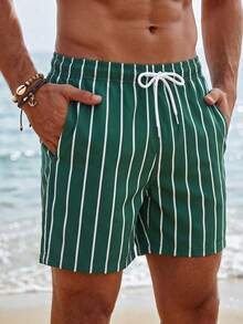 Manfinity EZcore Summer Plus Size Men's Striped Print Slant Pocket Drawstring Waist Casual Beach Shorts Holiday / Vacation / Beach / Hawaii / Tropical / Swim /  Bathing - Olive Green - View 3