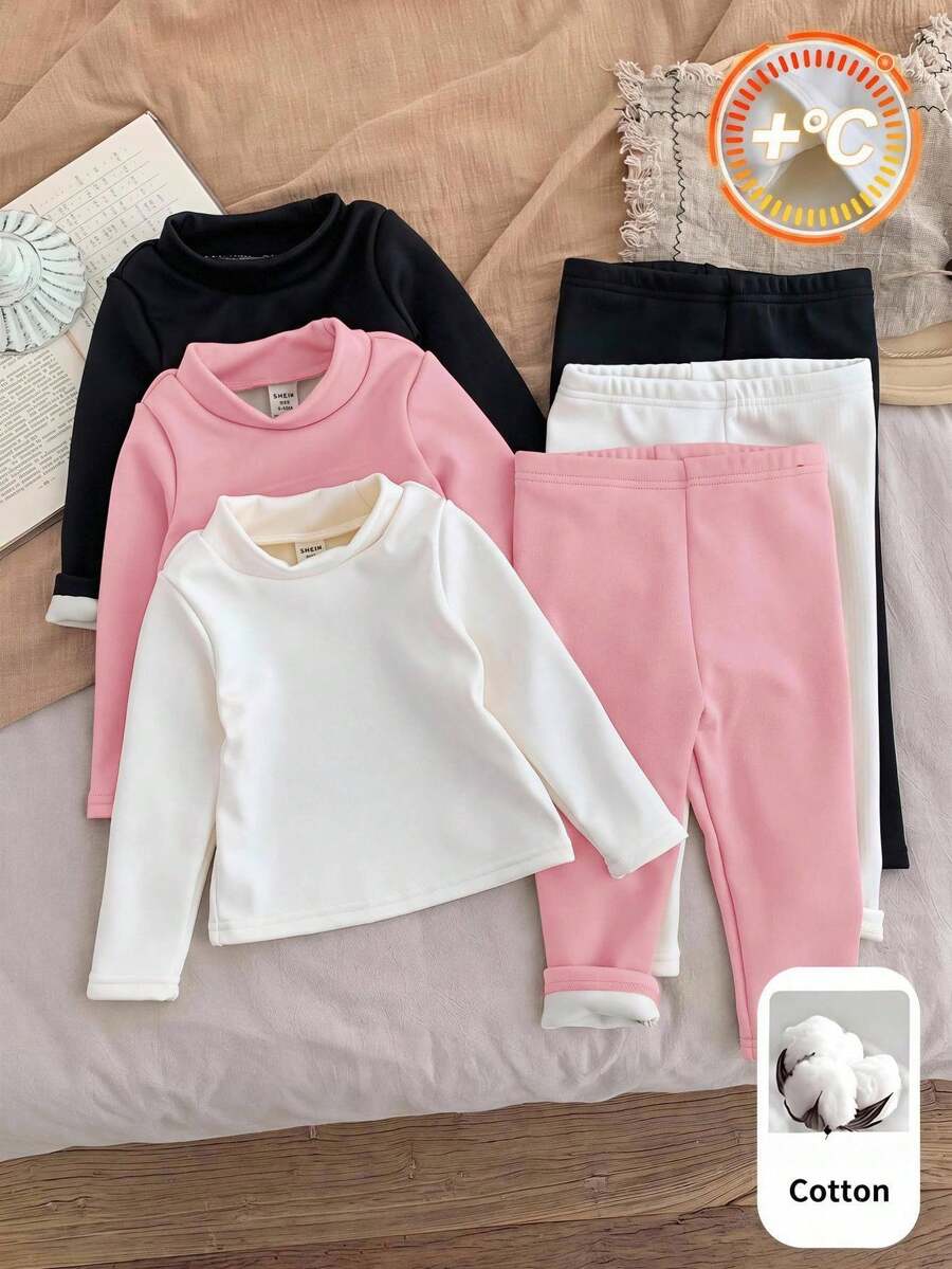 SHEIN 女嬰針織純色立領休閒T恤與長褲6件套,複合厚實面料,適合冬季 - 彩色 - 查看 1