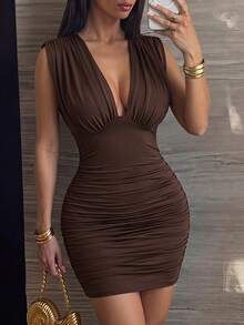 SHEIN SXY Women's Elegant Dark Brown Pleated Sexy Hot Girl Dress Club Night Out Summer - Brown - View 5