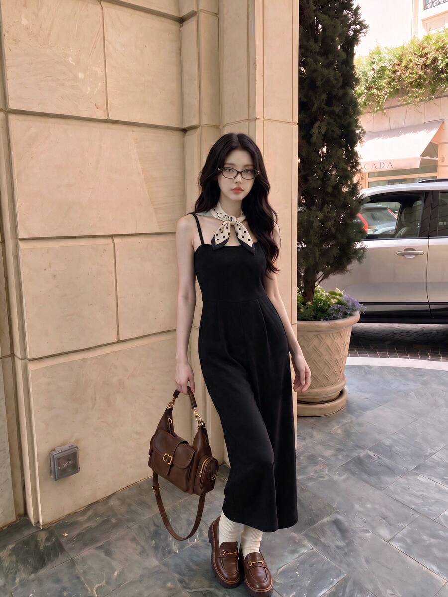 SHEIN MOD Plicated Detail Cami Jumpsuit - Black - View 1