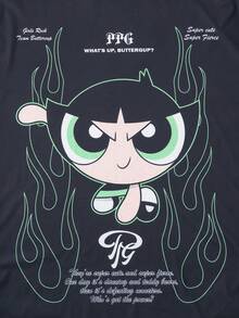 THE POWERPUFF GIRLS X SHEIN Men's Summer Casual Cartoon Print T-Shirt - Black - View 5