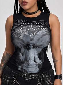 ROMWE Grunge Punk PUNK Street Blurred Silhouette English Cross Print Elastic Waist Ruched Plus Size Tank Top - Green - View 5