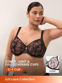 LUVLETTE Plus Soft Lingerie Lounge Curve Sheer Full Coverage Support&Breathable Underwire Keyhole Sexy Unlined Minimizer Black Allover Lace Elegance Bra Bridal - Black - View 1