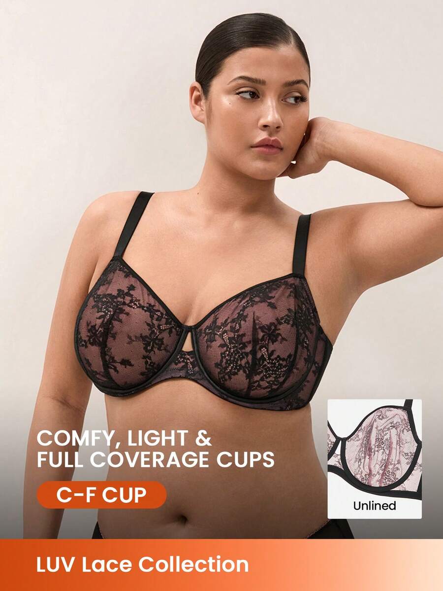 LUVLETTE Plus Soft Lingerie Lounge Curve Sheer Full Coverage Support&Breathable Underwire Keyhole Sexy Unlined Minimizer Black Allover Lace Elegance Bra Bridal - Black - View 1