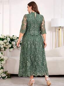 Reflora Plus Size Women's Floral Print Stand Collar Casual Elegant Party Mother Of The Bride Dress Autumn Wedding Sage Green - Green - View 4