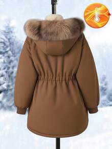 SHEIN Mädchen Herbst/Winter Parka Jacke, Fellkragen, große Taschen, mit Kapuze, tailliert, minimalistischer Stil, knielanges Baumwollmantel - Braun - Übersicht 2
