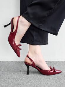 CUCCOO BIZCHIC Sandálias Slingback Femininas com Laço Duplo em V, Sapatos Slingback de Salto Agulha com Bico Fino, Saltos Altos Retrô Franceses Vermelhos Brilhantes, para Encontros e Jantares - Vermelho - Visão 4