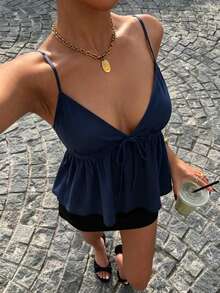 SHEIN ChicEase Women's Solid Color Casual Versatile Front Tie Camisole - Navy Blue - View 7