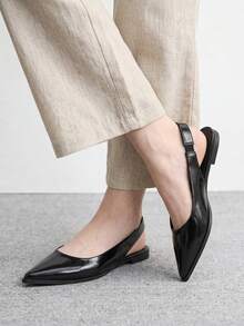 CUCCOO BIZCHIC Minimalist Solid Color Pointed Toe Flat Slip-On Casual Commuting Simple Basic Matching Backless Flat Shoes, Office Wear Spring Shoes - Patent leather black - View 3
