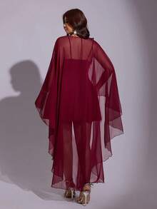 Viva Relle Plus Size Women Solid Color Spaghetti Strap Dress And Mesh Cover-Up Top Fashion Set - Burgundy - View 5