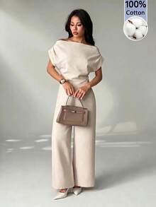SHEIN PETITE 女款夏季新品簡約優雅日常休閒亞麻通勤寬領露肩上衣與寬腿褲套裝，夏季女裝套裝，適合嬌小女性 - 杏色 - 查看 5