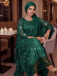 SHEIN Lady CURVE Plus Size Elegant Formal Elegant Party Evening Wedding Sequin Embroidered Mesh Dress Dark Green Summer Vacation - Dark Green - View 5