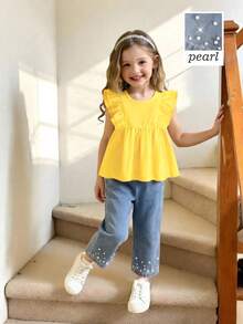 Genkimix Kids 2pcs/Set Cute Casual Ruffle Sleeveless Blouse And Fashion Studded Denim Pants Outfit Young Girls - Yellow - View 9