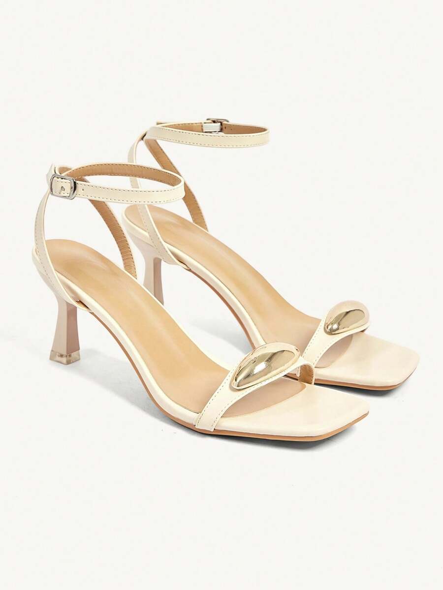 CUCCOO CHICEST Buckle Trim Open-Toe Rear Cross Strap Square Stiletto Fashion Commuter Nude PU Leather Ladies High-Heeled Sandals Dating Vacation - nude - View 1