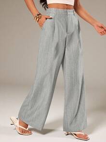 SHEIN PETITE 女款條紋長褲 夏威夷風女裝 辦公女裝套裝褲 家居舒適褲 女款兩件套 女款套裝 秋冬 - 灰色 - 查看 5