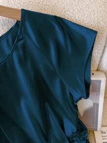 Franclia Elegant Round Neck Raglan Short Sleeve Elastic Satin Drawstring Hemline Women's Blouse, Suitable For Spring And Summer Clothes For University - Blue - View 7