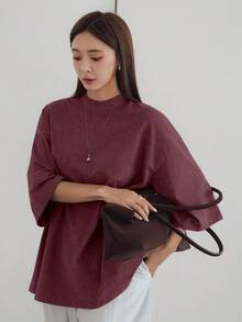 Livesso 春夏情人節寬鬆商務休閒風時尚女款短袖辦公穿搭T恤 - 酒紅色 - 查看 6