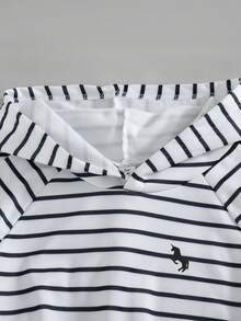 SHEIN 女童青少年時尚休閒街頭風短版連帽衛衣寬腿褲套裝，黑白條紋經典秋冬穿搭，適合六年級派對秋季造型 - 黑與白 - 查看 7